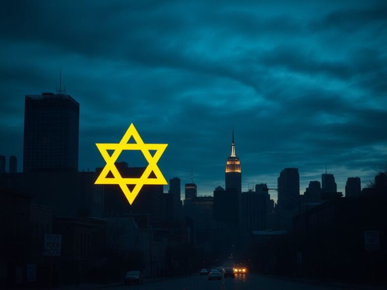 Flick International City skyline at dusk with a large illuminated Star of David