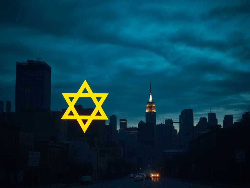 Flick International City skyline at dusk with a large illuminated Star of David