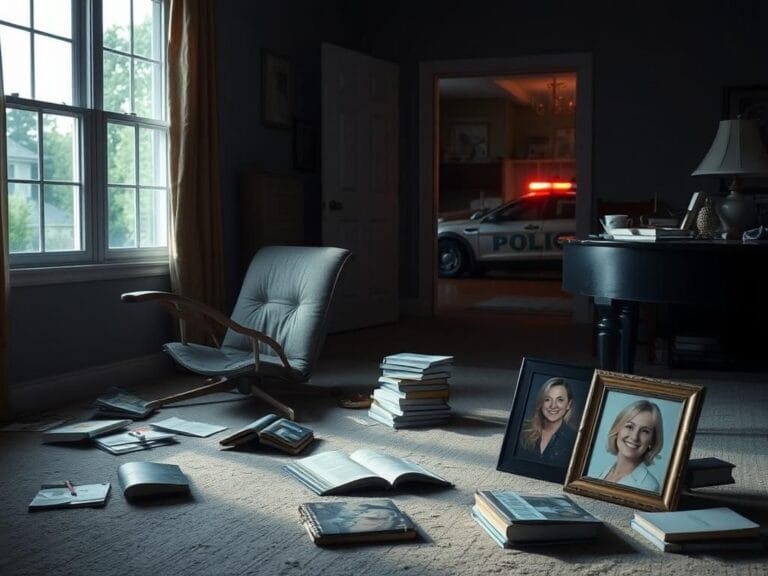 Flick International Dimly lit interior of a suburban home depicting an overturned chair and scattered books, suggesting a sudden disturbance.