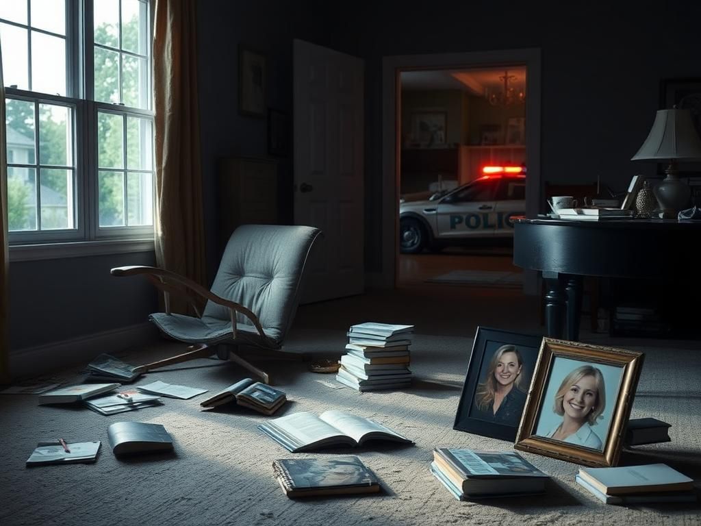 Flick International Dimly lit interior of a suburban home depicting an overturned chair and scattered books, suggesting a sudden disturbance.