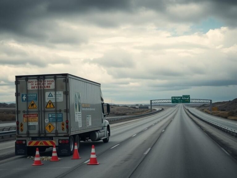 Flick International Oversized empty commercial truck on highway side, showcasing safety signs in multiple languages.