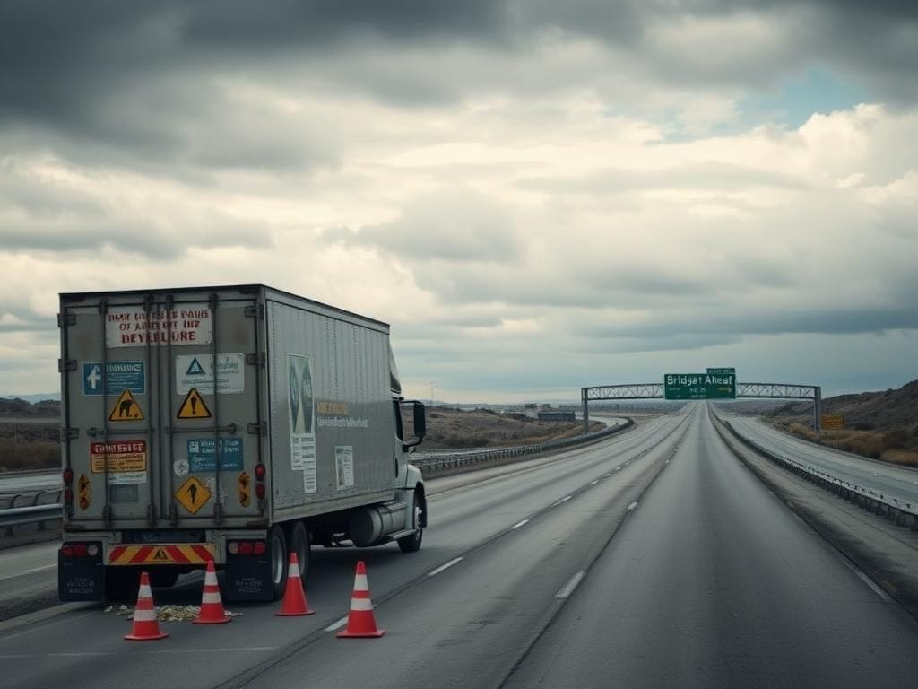 Flick International Oversized empty commercial truck on highway side, showcasing safety signs in multiple languages.