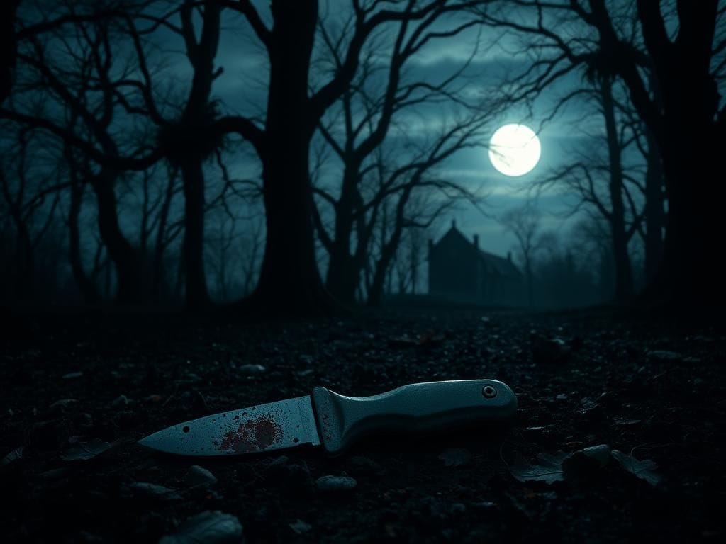 Flick International A haunting forest scene with a bloodstained box cutter in a dark landscape