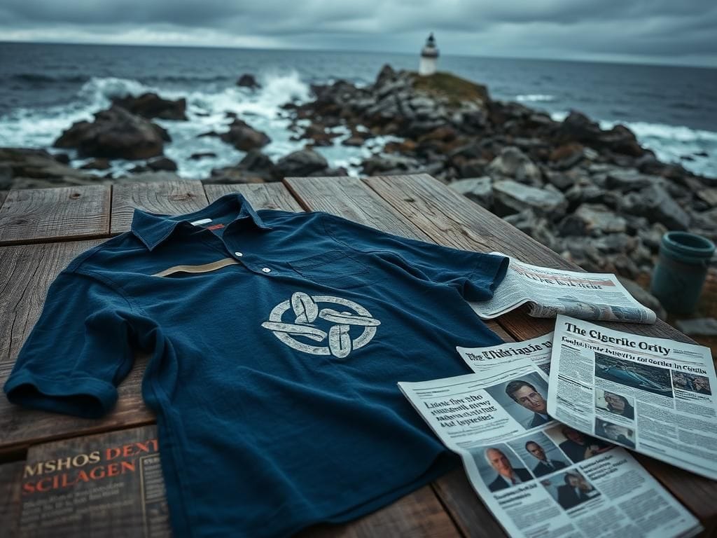 Flick International Somber scene depicting a wooden table with a Celtic knot tattoo and newspaper clippings against Maine's rugged coastline