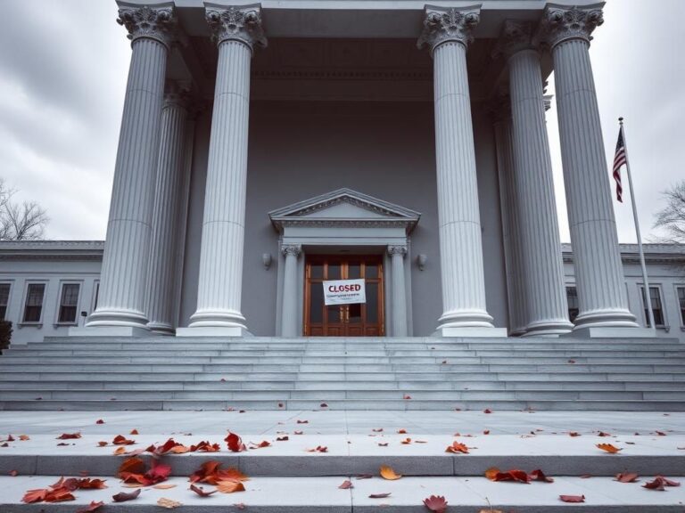 Flick International A stark, empty government building with imposing columns, symbolizing the significance of the administration during a government shutdown.