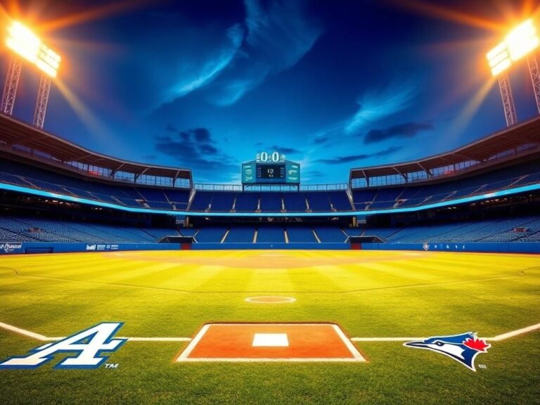 Flick International A vibrant baseball diamond featuring the Los Angeles Dodgers and Toronto Blue Jays colors under stadium lights