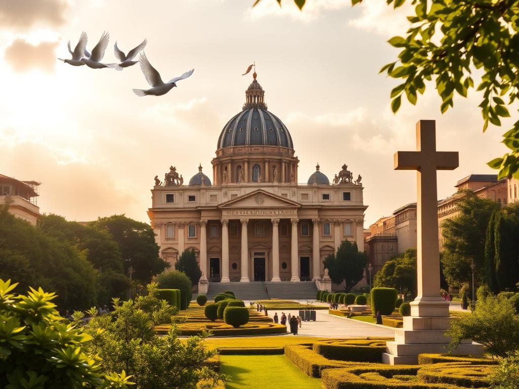 Flick International Serene view of the Vatican highlighting St. Peter's Basilica during King Charles III's historic visit with the Pope