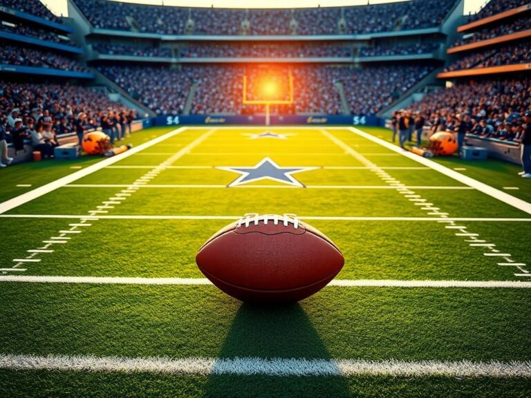 Flick International A vibrant football stadium scene showcasing the Dallas Cowboys' blue and silver colors, with fans cheering and the sunset in the background.