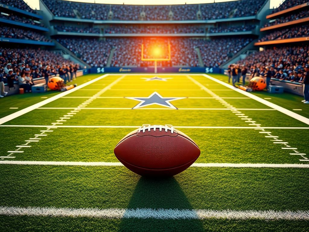 Flick International A vibrant football stadium scene showcasing the Dallas Cowboys' blue and silver colors, with fans cheering and the sunset in the background.