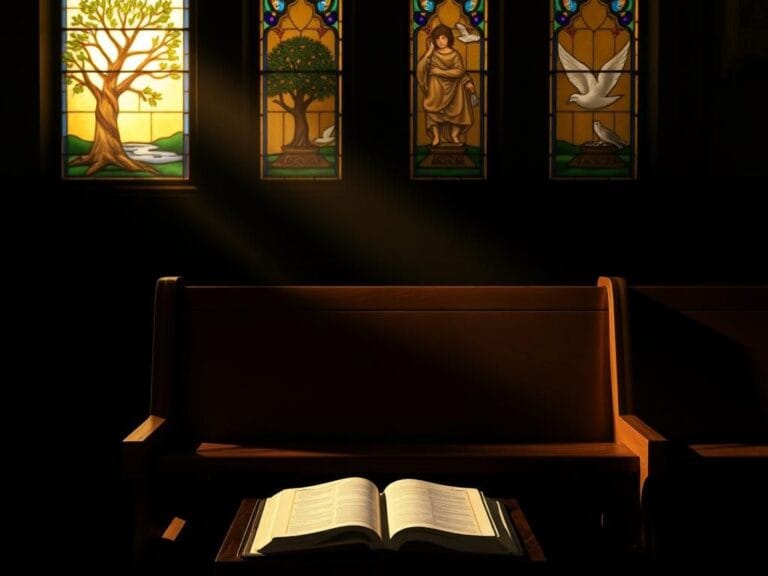 Flick International Contemplative interior of a dimly lit church with an empty pew and stained glass windows