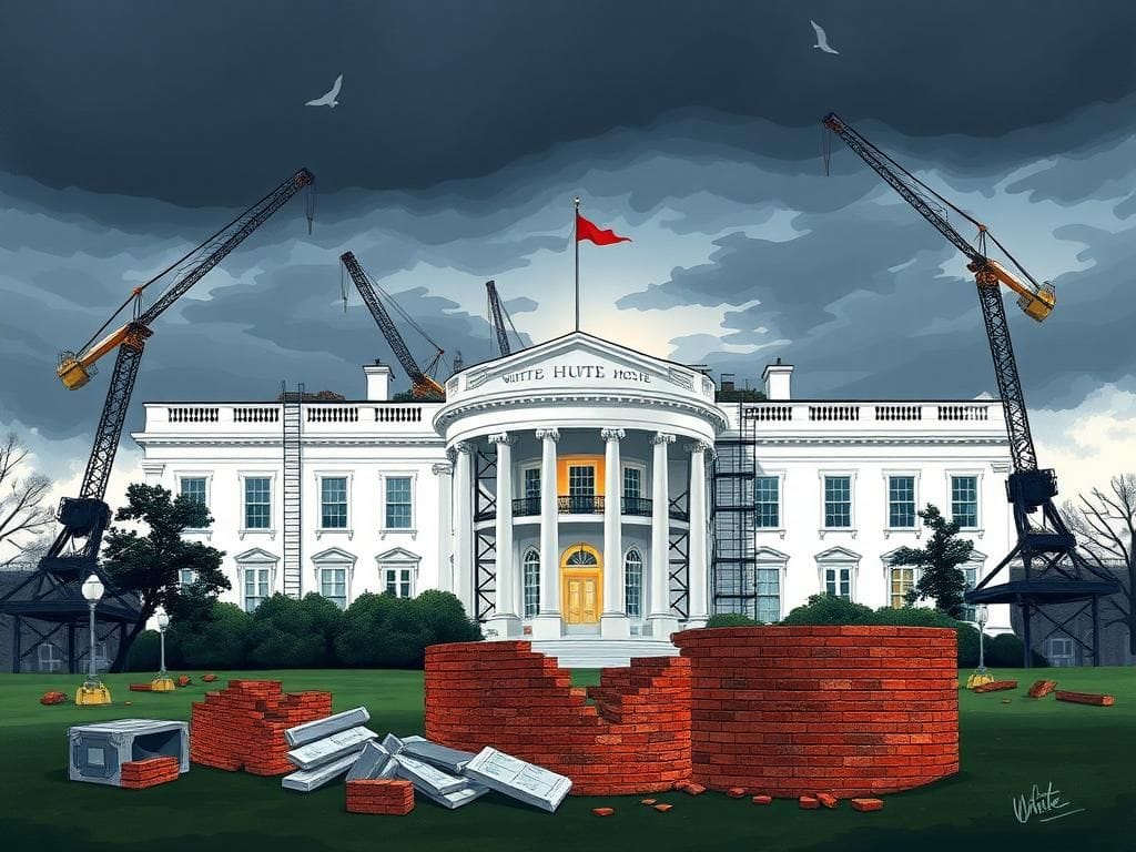 Flick International Dramatic illustration of the White House East Wing undergoing renovation with construction cranes