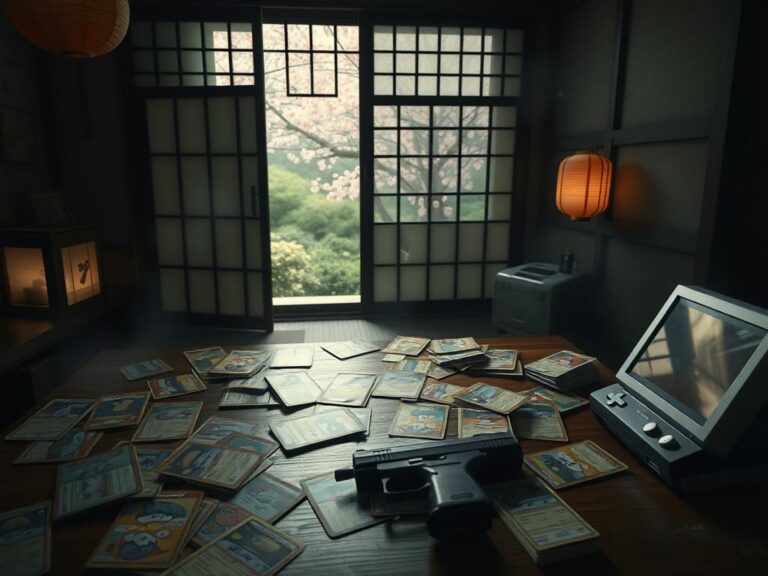 Flick International A dimly lit room showcasing scattered Pokémon cards on a wooden table against traditional Japanese decor.