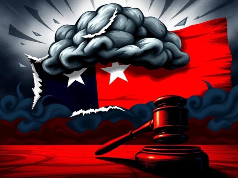 Flick International A dramatic, stylized representation of a torn Texas flag amidst dark storm clouds in a courtroom setting