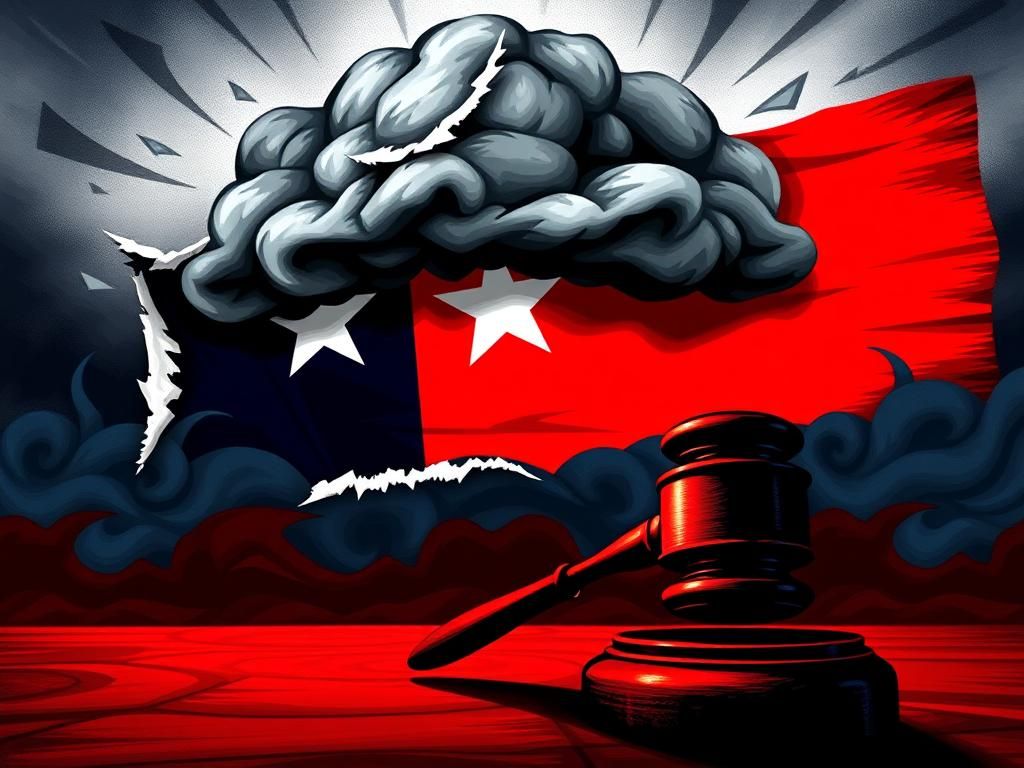 Flick International A dramatic, stylized representation of a torn Texas flag amidst dark storm clouds in a courtroom setting