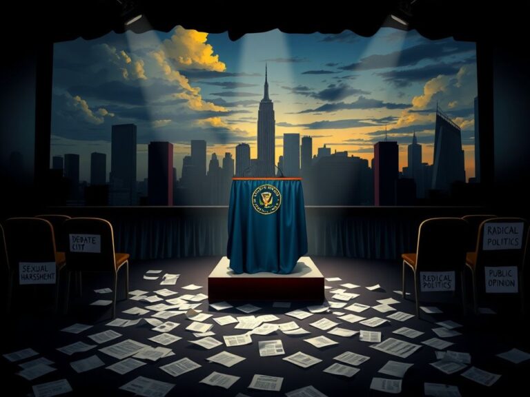 Flick International A dark NYC debate stage with an empty podium and scattered papers symbolizing controversy