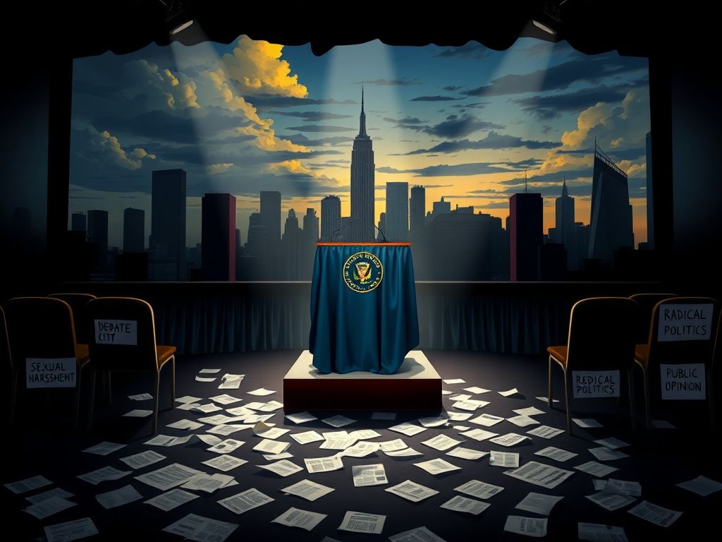 Flick International A dark NYC debate stage with an empty podium and scattered papers symbolizing controversy
