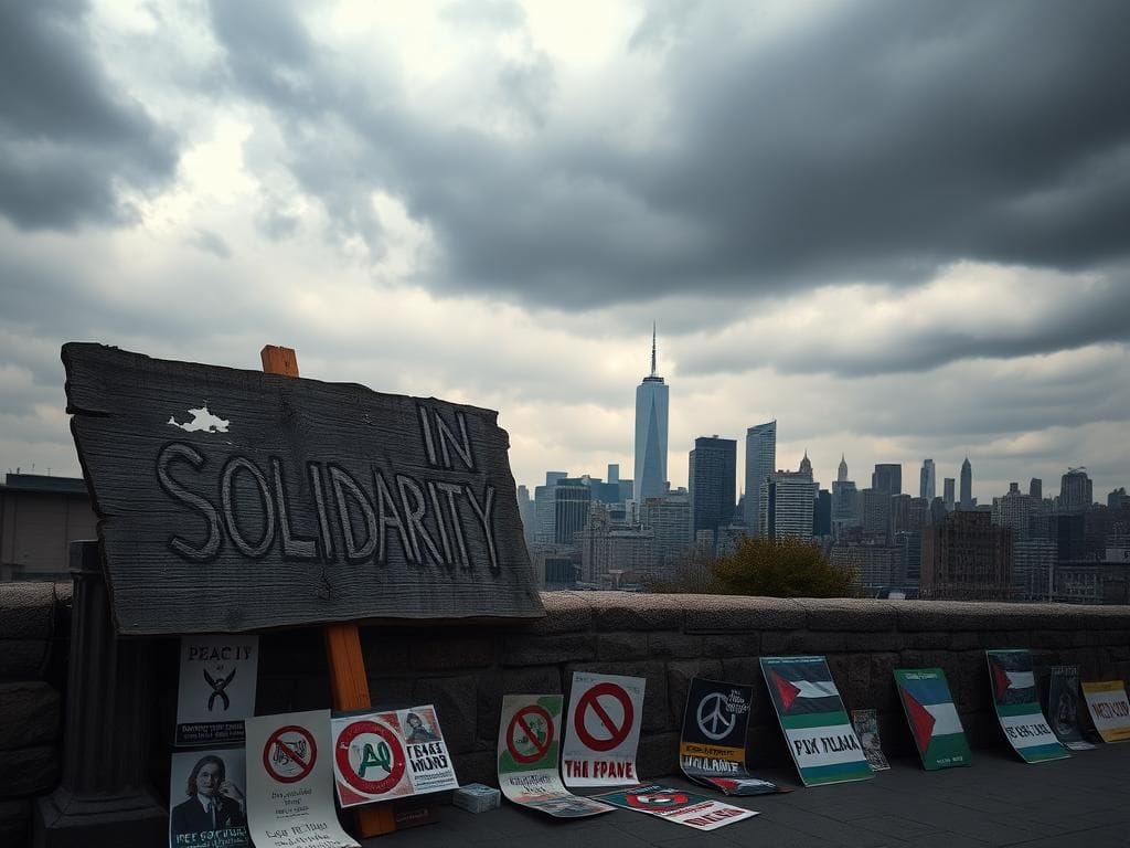 Flick International Urban landscape of New York City with an iconic skyline under overcast skies and a weathered 'In Solidarity' sign