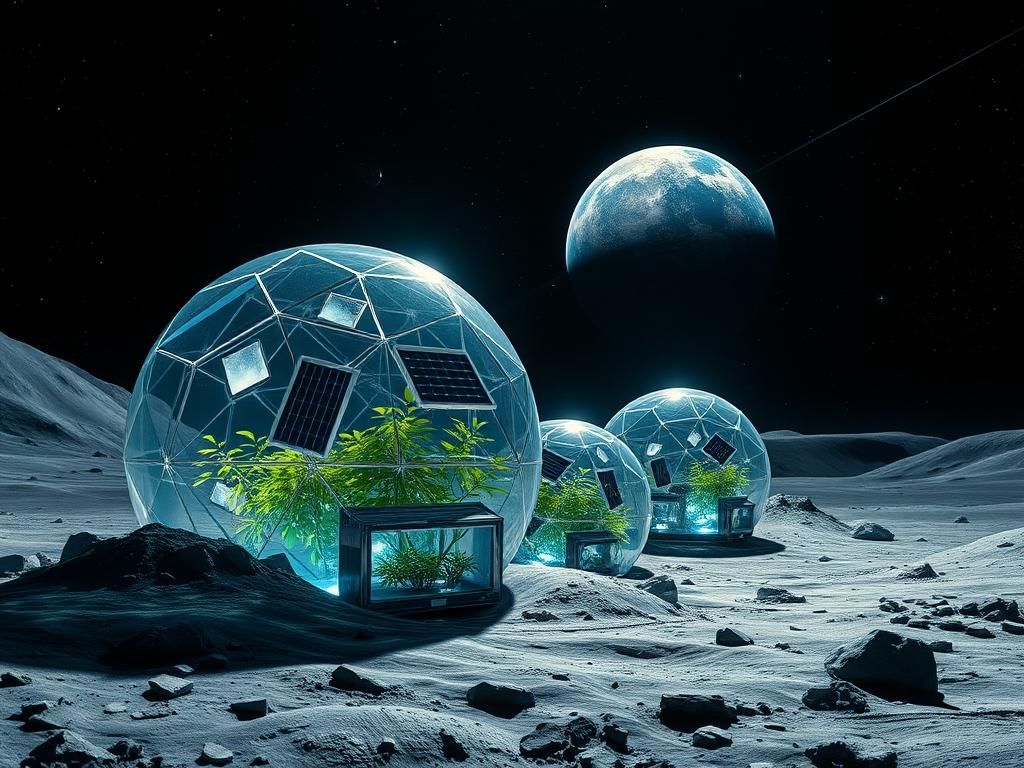 Flick International A vast lunar landscape featuring large transparent glass spheres surrounded by moon regolith