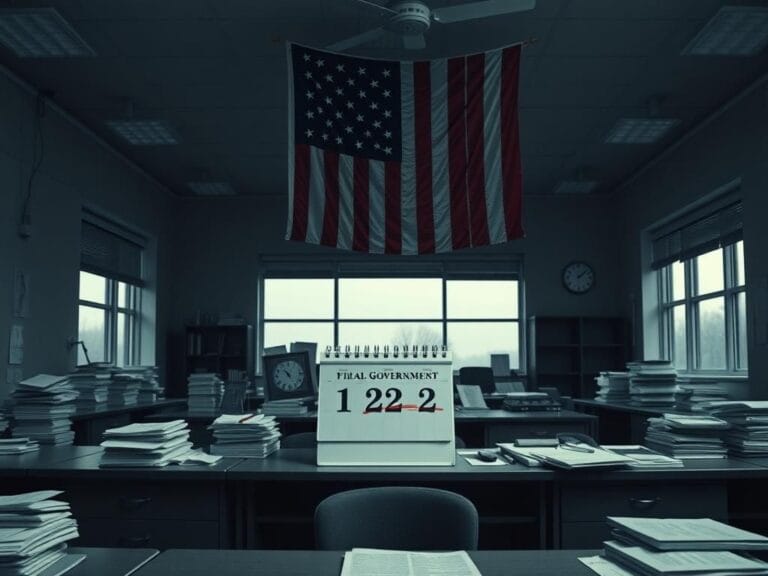 Flick International Empty government office space with stacks of unpaid bills and unprocessed paperwork.