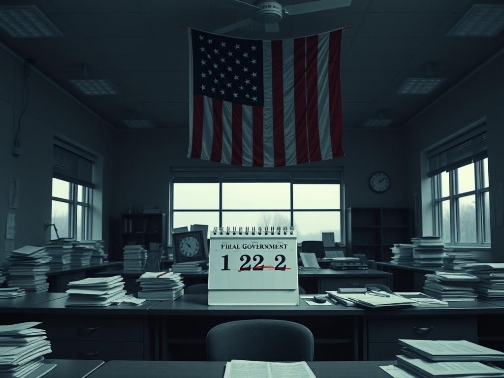 Flick International Empty government office space with stacks of unpaid bills and unprocessed paperwork.