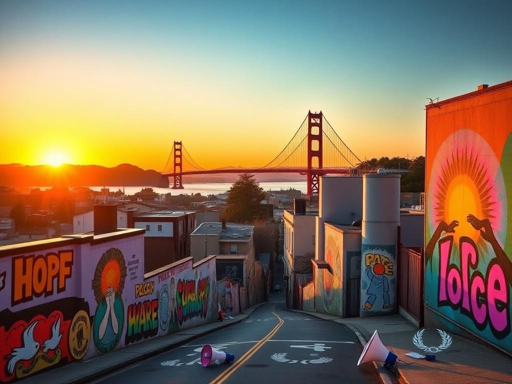 Flick International A sweeping view of San Francisco’s skyline at sunset with colorful murals symbolizing community unity.