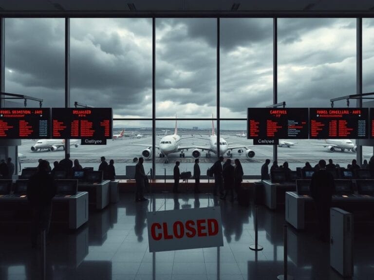 Flick International A busy airport terminal showcasing delayed flights and a sense of chaos during a government shutdown