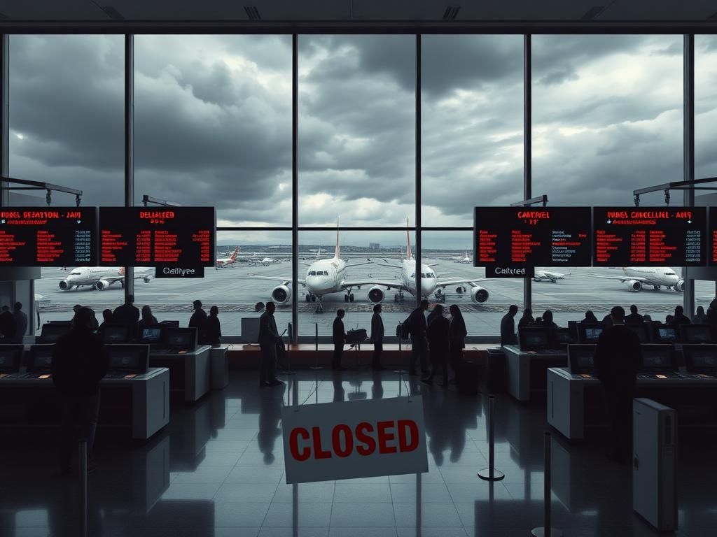 Flick International A busy airport terminal showcasing delayed flights and a sense of chaos during a government shutdown