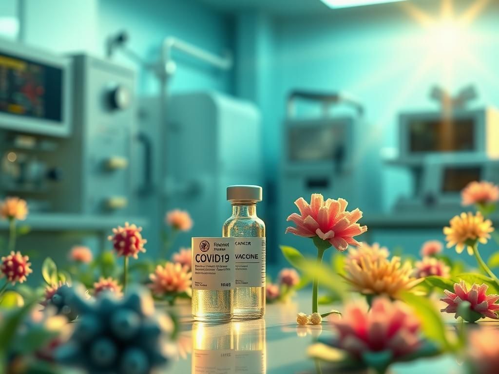 Flick International A serene laboratory setting with COVID-19 mRNA vaccine vials and illustrations of cancer cells and immune cells.