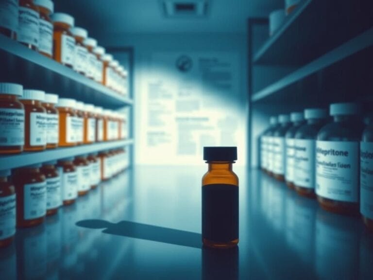 Flick International Laboratory environment showcasing Mifepristone bottles and medical paperwork