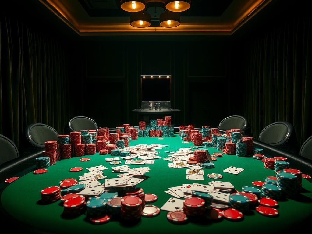 Flick International Dimly lit high-stakes poker table in an upscale casino