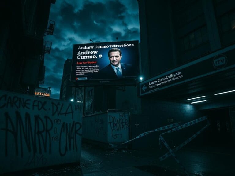 Flick International Dark urban street scene at night with an obscured Andrew Cuomo campaign billboard and graffiti.