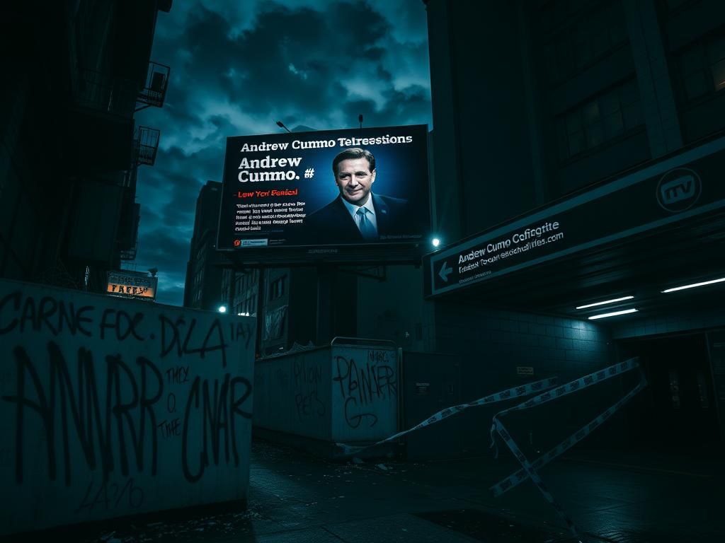 Flick International Dark urban street scene at night with an obscured Andrew Cuomo campaign billboard and graffiti.