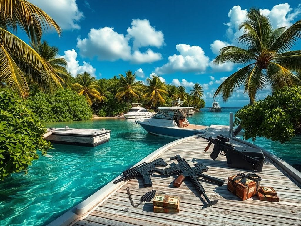 Flick International A tranquil dock in Bimini, Bahamas, with a boat featuring high-powered weapons and ammunition on deck