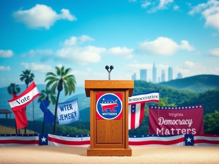 Flick International A vibrant political campaign scene featuring a vintage podium with the Democratic Party emblem surrounded by colorful campaign banners