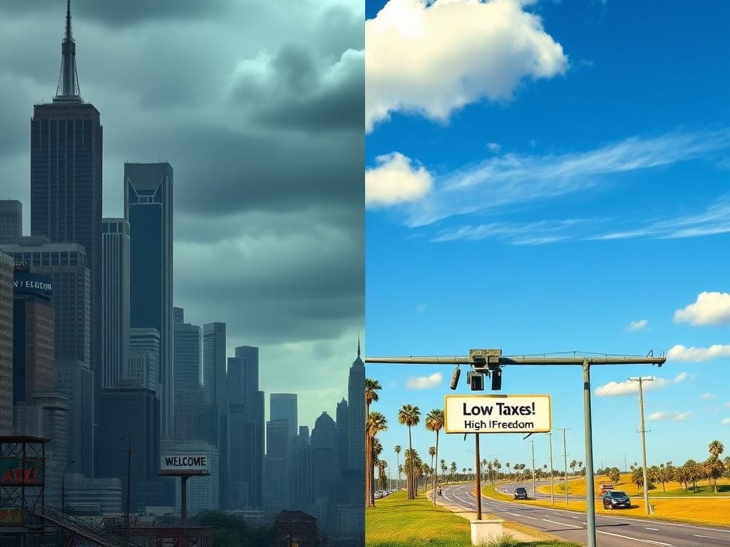 Flick International Contrasting cityscape of New York and sunny community in Florida or Texas