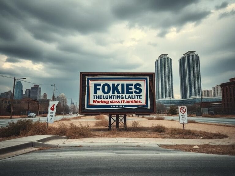Flick International Deserted urban landscape with a faded political billboard symbolizing neglect