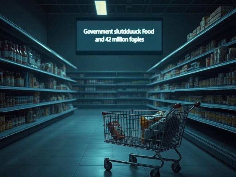 Flick International Empty grocery store aisle with partially stocked shelves and abandoned shopping cart