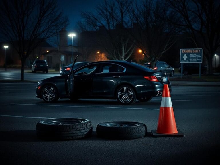 Flick International Dimly lit campus parking lot with slashed tires and a dark sedan, depicting tension after a road rage incident.