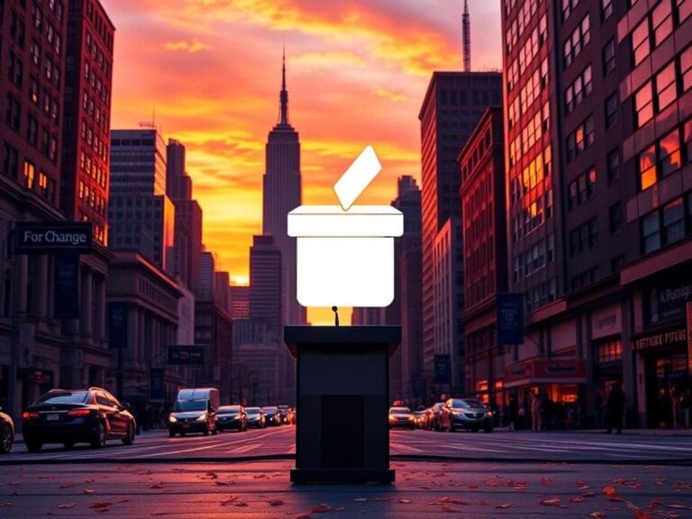 Flick International Iconic New York City skyline at dusk with an empty campaign podium