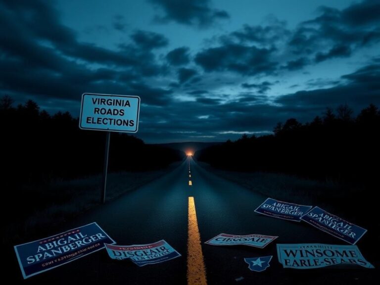 Flick International Dark and moody political landscape with diverging road signs symbolizing the Virginia election candidates