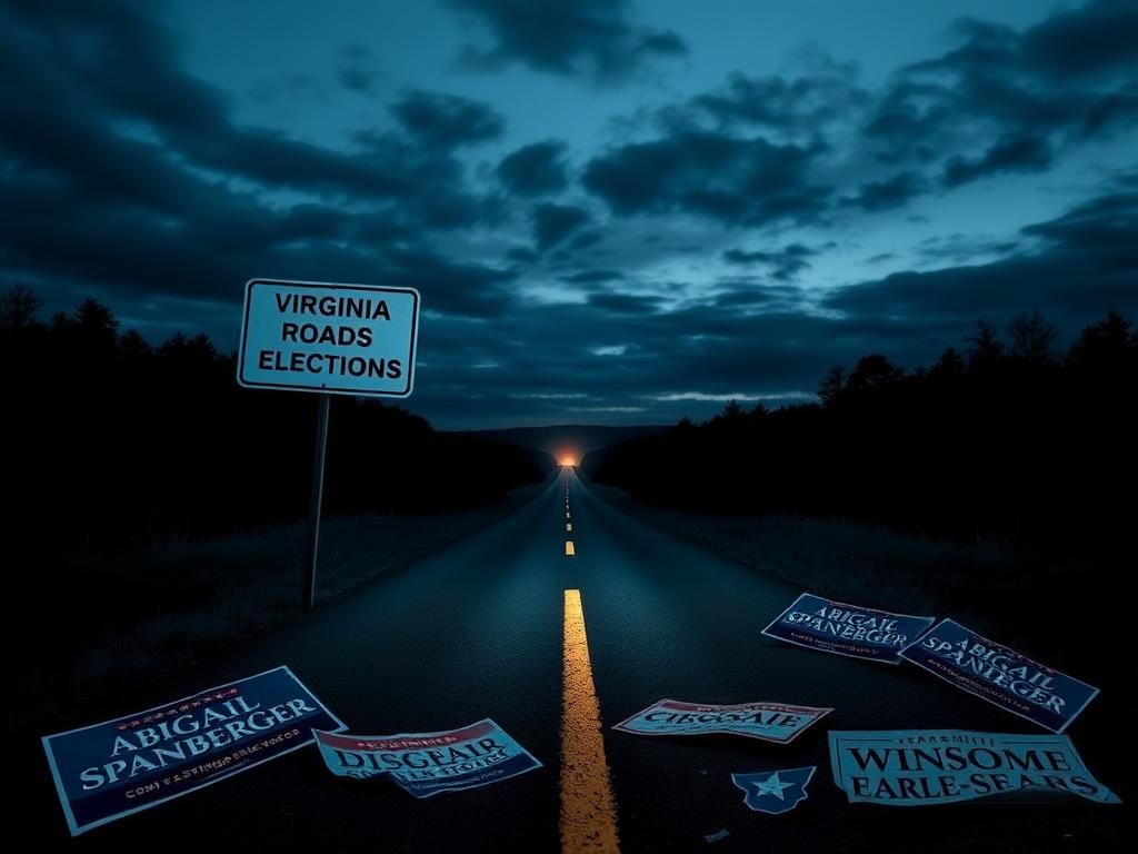 Flick International Dark and moody political landscape with diverging road signs symbolizing the Virginia election candidates