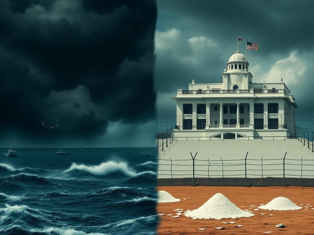 Flick International Split landscape image depicting tension between Colombia and the U.S. with chaotic Caribbean scene and foreboding government building.