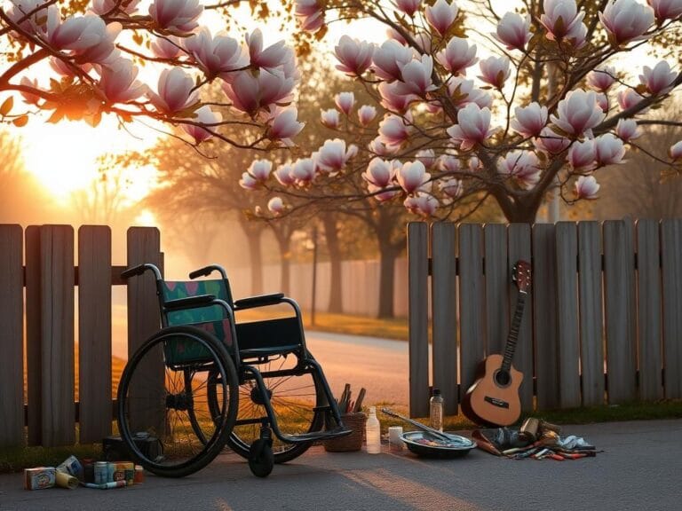 Flick International Serene Nashville street with blooming magnolia trees and a wheelchair symbolizing creativity.