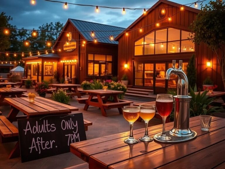 Flick International A serene outdoor brewery scene with signs emphasizing 'Adults Only After 7 PM'