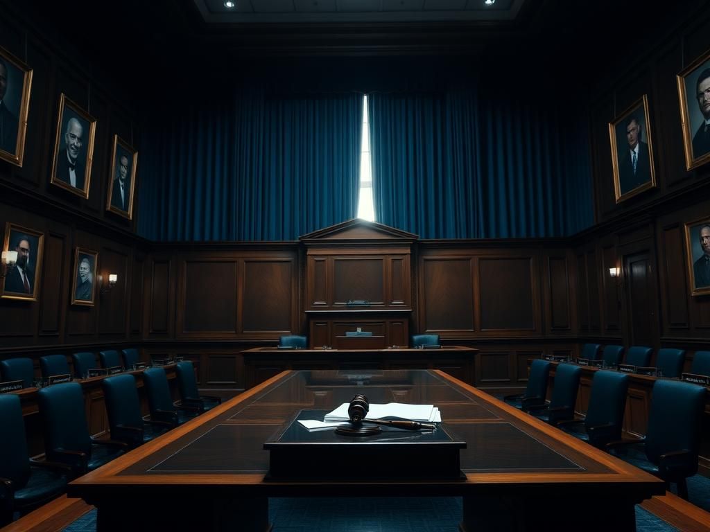 Flick International A large, empty congressional hearing room with mahogany wood paneling and an imposing wooden table