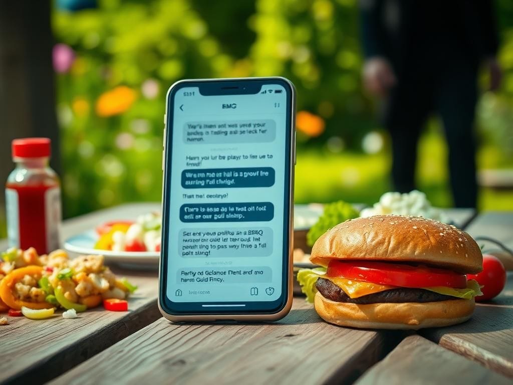 Flick International Close-up of a smartphone on a picnic table showing a friendly text conversation about BBQs