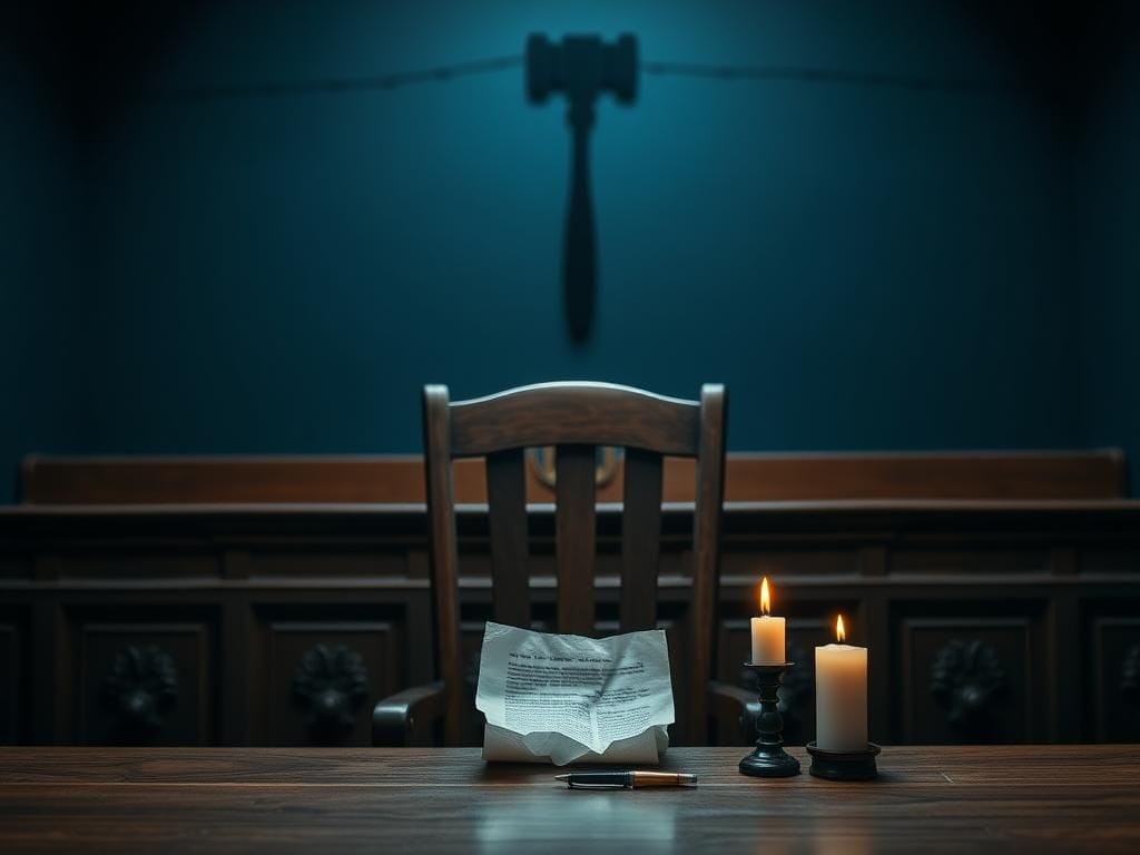 Flick International A dimly lit courtroom featuring an empty chair symbolizing a defendant's reckoning