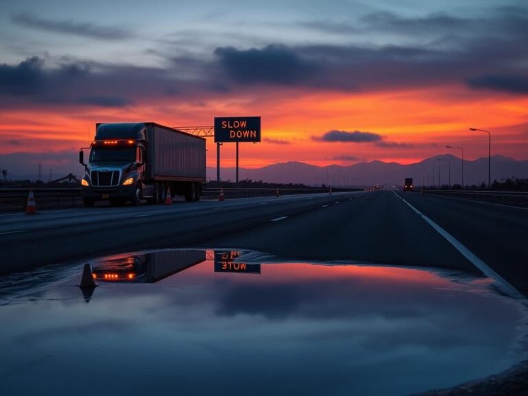 Flick International A large truck parked on the side of a freeway at sunset, near a caution sign and accident indicators.