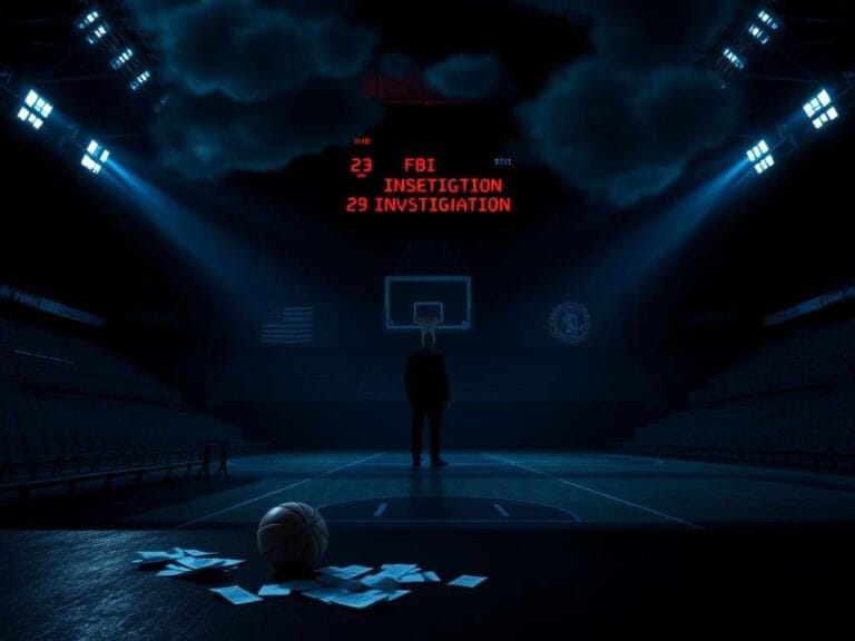 Flick International Empty sports arena with illuminated basketball court and scattered betting slips