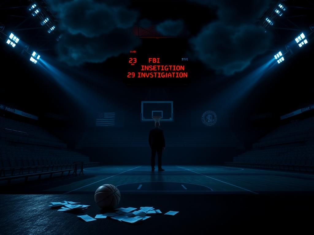 Flick International Empty sports arena with illuminated basketball court and scattered betting slips